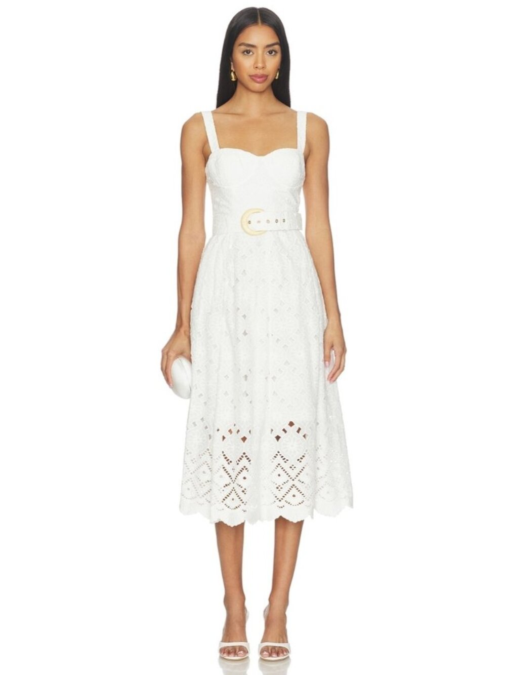 NEW Cara Cara Calypso Bustier Midi Dress Trellis Eyelet White Lace | US 2 UK 6